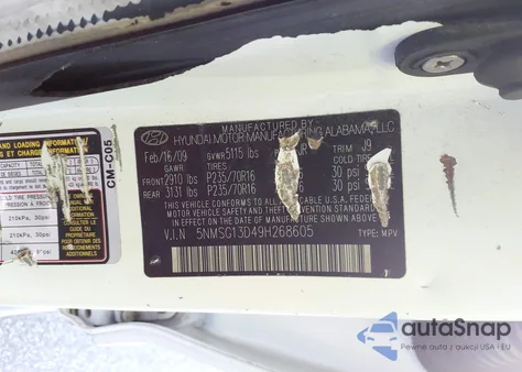 2009 Hyundai Santa Fe Gls from USA, damaged, VIN 5NMSG13D49H268605